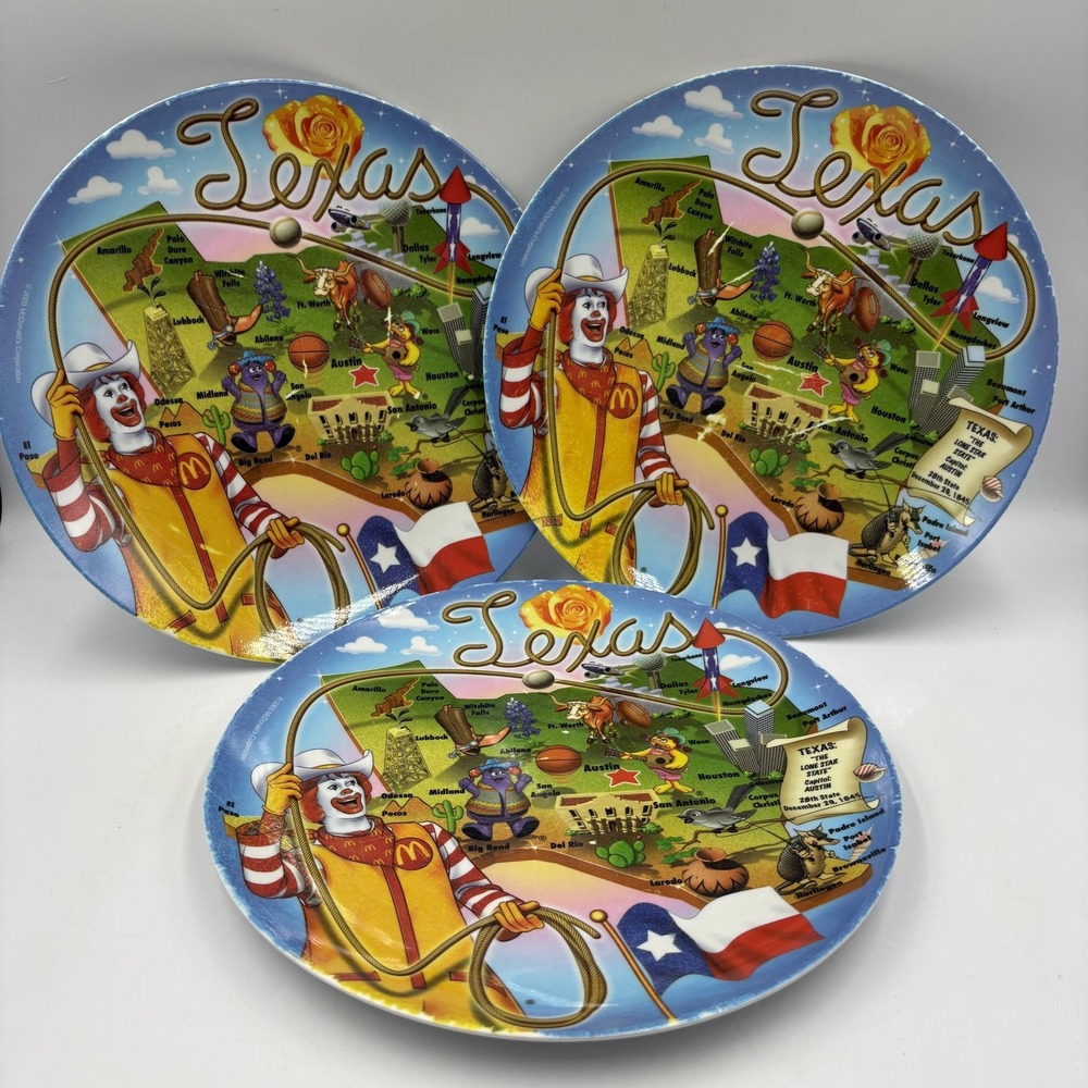 Vintage 2003 McDonald's Texas Map Ronald McDonald Colorful Plastic‎ Plates Set 3